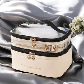 Travel Cosmetics Bag Waterproof Large Capacity - Makeup Toiletry Organiser with Double Zipper, Portable Washable Cosmetic Case for Women Men, Fashion Travel Accessories Storage Pouch (Cream)