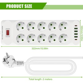 10 Fach Flachstecker Steckdosenleiste, USB Steckdosenleiste mit Überspannungsschutz mit 10 AC Flacher Stecker, 4 USB Ladegerät und 2 Typ-C Anschlüsse Steckerleiste mit 2M Kabel Mehrfachsteckdose