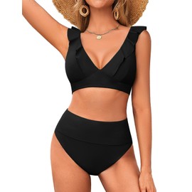 Hanna Nikole Women Swimsuits Two Piece Bikini Set High Waisted Solid V Neck Push Up Tummy Control Bathing Suit Full Coverage Swimwear Black