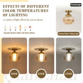 Fivemengo 9in Semi Flush Mount Ceiling Light Fixture, Small Vintage Striated Glass Kitchen Lighting Fixtures Ceiling Mount for Entryway Hallway Bedroom Dining Room Bathroom Foyer Laundry (Amber)