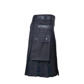 Men's Plus Size Scottish Hybrid Black Cotton & Tartan Utility Kilt with Leather Straps (Black Watch 30)