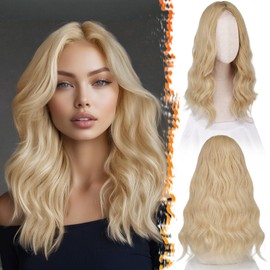BARSDAR 45 cm Wavy Blonde Wig, Medium Long Wavy Blonde Wig for Women, Middle Parting, Curly Hair, Heat Resistant, Synthetic Shoulder Length, Natural Wig - Beige Blonde Mixed
