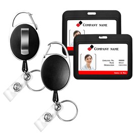 HiCycle2 Horizontal Card Holder，2pcs Hard Plastic ID Credit Card with Carabiner Reel Clip for Office School IDs Credit Cards Driver’s Licenses and Passes (Black)
