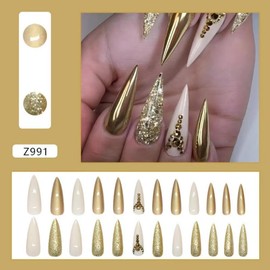 Gold Press on Nails Gold Glitter Fake Nails with Rhinestone Design Nude Glue on Nails Glossy Artificial Acrylic Nail Full Cover Stiletto Stick on Nails Long Almond False Nails for Women Manicure 24Pcs