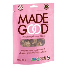 MadeGood Strawberry Granola Minis, 6 Pouches (3.5 oz/ea) Granola Clusters Made with Crunchy Oats and Juicy Strawberries; Convenient, Individually-Wrapped Portions; Allergy-Friendly, School-Safe Snack