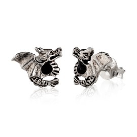 NKlaus Pair of Celtic Gothic Dragon Stud Earrings 925 Silver Black Onyx 3033, Sterling Silver