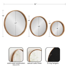 Kate and Laurel Valenti Modern Wooden Round Wall Mirror Set, Set of 3, Varying Sizes, Natural Rustic, Decorative Three-Piece Circle Mirror Set for Use as Bathroom Mirror Decor or Gallery Wall Mirrors