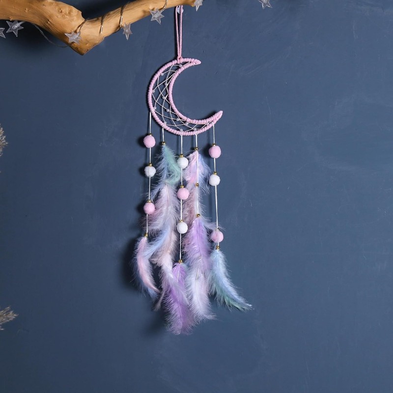 Dream Catcher Wall Decor - Handcrafted Feather Woven Pendant, Pompom