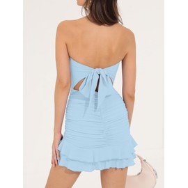 Mizoci Women's Sexy Tube Top Bodycon Mini Dress Strapless Ruffle Bow Back Ruched Party Short Dresses, Small, Baby Blue