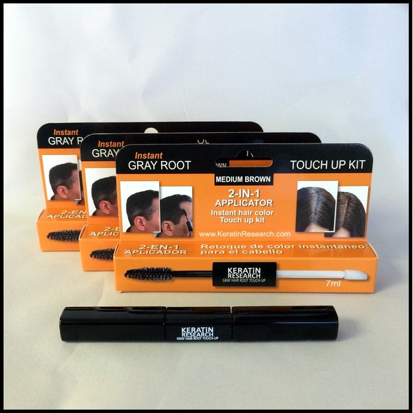 3 PACK Gray Away Instant Hair Root Touch up and Concealer 7ml Dual Brush BLACK Color in USA Made by Keratin Research
