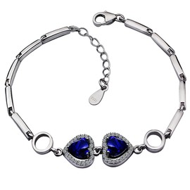 Meyiert Women Double Heart Bracelet 925 Sterling Silver Cubic Zirconia Lobster Clasp 19cm. (Blue)