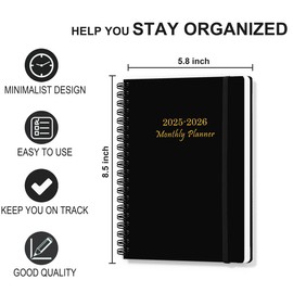 Monthly Planner 2025-2026 – Monthly Calendar from July 2025 to December 2026, 18 Month Planner with Spiral Binding, Inner Pocket, Elastic Closure, 5.8" x 8.5", Black