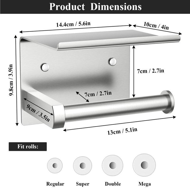 Tindbea Toilet Paper Holder with Phone Shelf, Adhesive or Screw