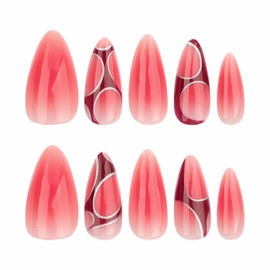 BABALAL Red Press On Medium Almond Fake Nails Y2k Glue On Ombre Glossy Acrylic 24Pcs Stiletto Stick On Burgundy Manicure False Nails
