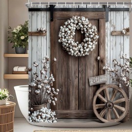 Drgilau Rustic Barn Door Shower Curtain, Farmhouse Wooden Shower Curtain Vintage Country Cotton Flowers Bathroom Curtains Decor Waterproof Bath Curtains with 12 Hooks, Brown-2 72X72 Inch