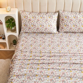 Viviland Floral Twin Sheet Set - 3 Piece Vintage Pink & Yellow Flower Patterned Bed Sheets - Soft, Breathable Microfiber Sheets with Deep Pocket, Non-Slip Fitted Sheets & Pillowcases