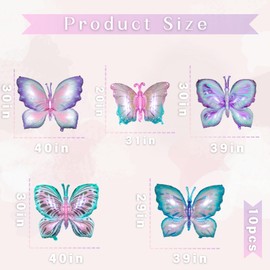 Butterfly Foil Balloons 10Pcs Mylar Decorations for Birthday Wedding Baby Shower Garden Party, Pink Purple Butterfly-Themed Party Supplies