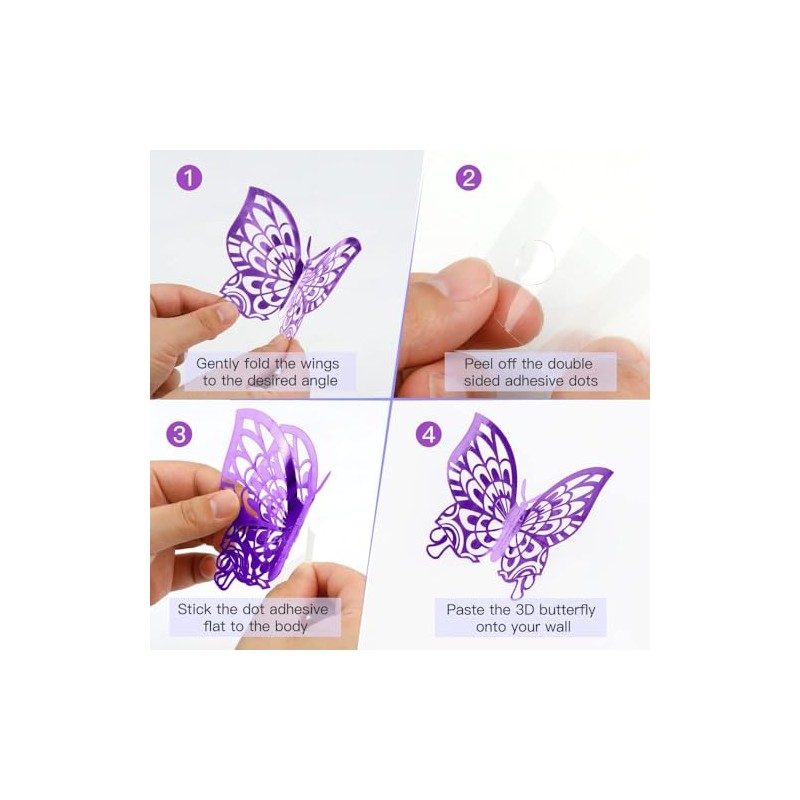 FIMETEUG Purple Butterfly Wall Sticker, 72 PCS, Elegant, Metallic Paper,