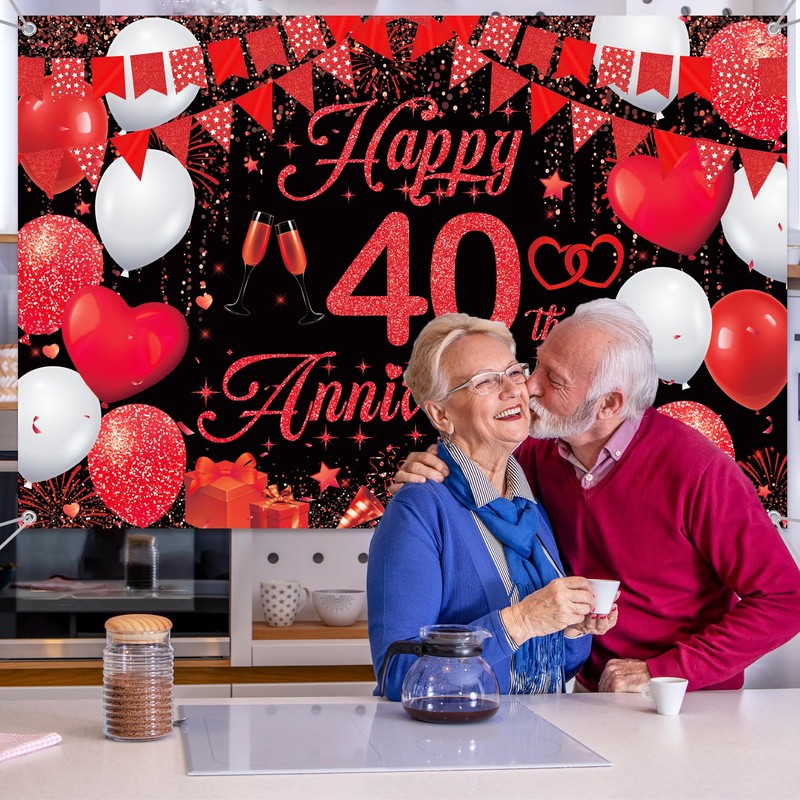 40th Wedding Anniversary Banner Backdrop - Black Red Happy 40th