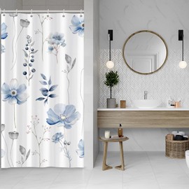 ASDCXZ Flowers Shower Curtain 120 x 200 cm, Spring Watercolour Blue Grey Flowers Leaves Plants White Bathroom Washable Narrow Shower Curtains Polyester Textile Waterproof Shower Curtain for Bath with 8 Hooks