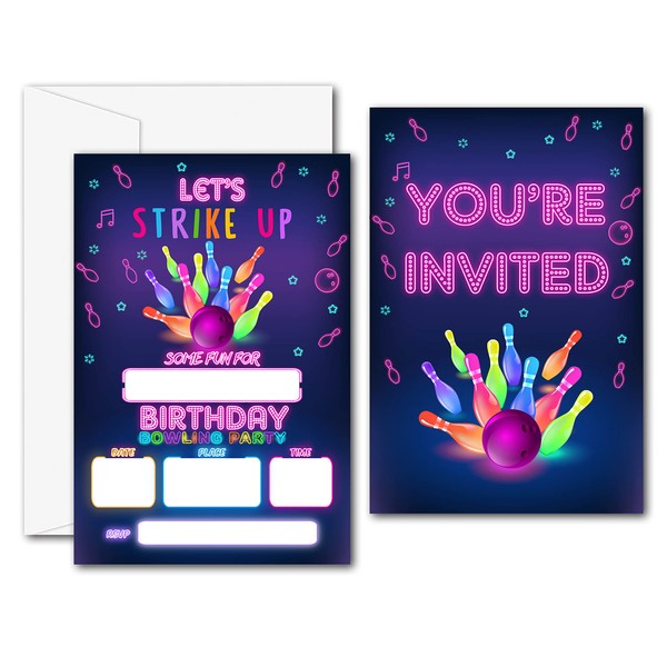 Let's Strike Up Bowling Birthday Party Invitations - Bowling Party Supplies - Fill in The Blank Birthday Party Invites - 20 Invitation Cards With 20 Envelopes - (006A)