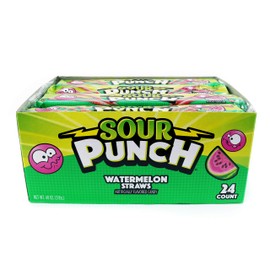 Sour Punch Straws, Watermelon Fruit Flavor, 2oz Tray (24 Pack), Soft & Chewy Candy