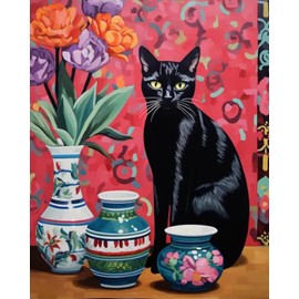 Cat Near by Floral Vases Paint by Bumbers for Adults Graffiti Red Background Colorful Flowers DIY Paint by Numbers Acrylic Paint Canvas Ceramics Painting Kits Art 16x20 Inch（without Frame）