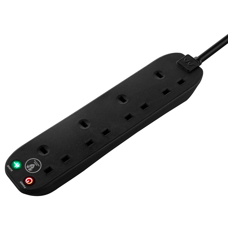 Masterplug Four Socket Power Surge Protected Extension Lead, Black