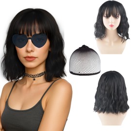 MUNSKT 4-Teiliges Set: Schwarze Kurzhaarperücke mit Fransen, Inklusive Haarnetz, Sonnenbrille und Halskette - Ideal für Partys, Cosplay, Historische Kostüme und Alltag - Kurzhaarperücke für Damen
