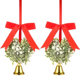 2 Pieces Christmas Mistletoe Hanging Balls Holiday Artificial Mistletoe Balls Xmas Kissing Ball Decorations with Bow Knots and Bells for Home Christmas Party Decor, 5 Inch (White, Gold,Frost)