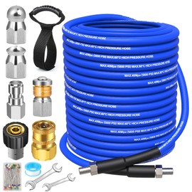 100FT Sewer Jetter Kit for Pressure Washer, 5800 PSI Drain Jetter Kit, Water Jet Drain Cleaner 1/4 Inch NPT Corner, Jetter Hose with Rotating Button Sewer Jetting Nozzle, Tape Pearl Corsage Pin Strap