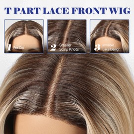 HAIRCUBE Glueless Synthetic Lace Front Wig, 18 Inch Ombre Brown Hightlight Curly Wigs, Put on Go Layered Wigs for Women Daily Use