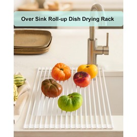 INTRESTIN Roll Up Dish Drying Rack Over Sink, 20.47" x 12.99" Foldable Silicone Wrapped Stainless Steel Over The Sink Dish Drying Rack, Grey, White