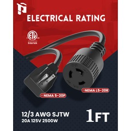 PLUGTUL NEMA 5-20P to NEMA L5-20R Adapter Cord 1 FT, Household Twist-Lock Converter Adapter, 20A Male to 20A Female Extension Cord, 12 Gauge, 125V 20A 2500W, SJTW, Black, ETL Listed