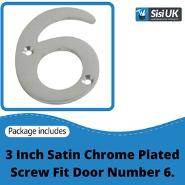 Satin Chrome Door Numbers Screw On 3 Inch Number 6 Door Number Elegant and Bold Door Numerals Suitable for All Door Types Including Wooden uPVC and Composite.