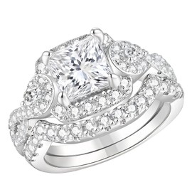 BAGOLIKA 4CT Princess Cut Bridal Ring Sets Wedding Band Rings Set for Women 5A Cubic Zirconia Promise Engagement Rings Size 7
