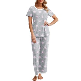 PrinStory Womens Pajama Sets 2025 Short Sleeve Pajama Sets for Women 2 Piece Lounge Set Ladies Soft Pjs FP-Pink Star-M