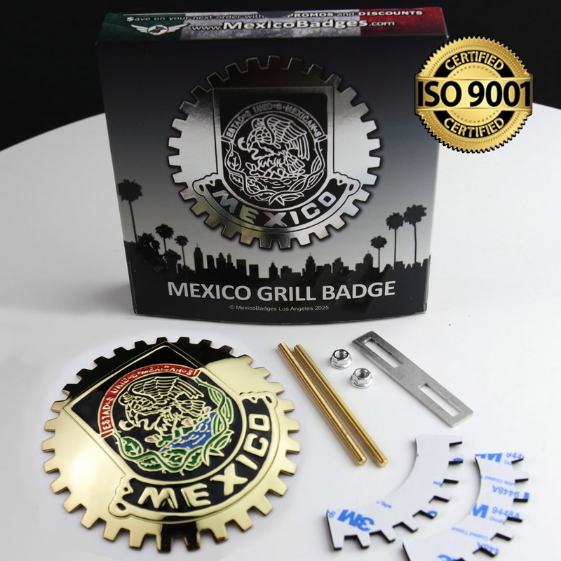Premium Gold ISO 9001 Mexico Flag Golden Grill Badge Golden