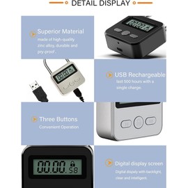 Metal Timer Lock, LCD Display Multi-Function Electronic Time, 99 Hours Max Timing, USB Rechargeable Timer Padlock Timer Padlock Timer Lock (Black)
