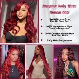 26 Inch 99J Burgundy Lace Front Wigs Human Hair Body Wave 13x4 HD Transparent Human Hair Lace Front Wigs for Women 200 Density Glueless Wine Red Colored Body Wave Wig Pre Plucked with Baby Hair