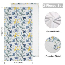 HUAZHIKOU Vintage Navy Yellow Flower Hand Towels for Bathroom Set of 2 Watercolor Blue Leaves Face Towels Microfiber Leaf Kitchen Towels Decorative Bathroom Towel for Hair Gym Shower Guest 14" x 28"