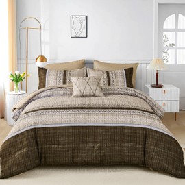 Dintszyayue Brown Comforter Set King Size, 8 Pieces Boho Striped Bed in a Bag Soft Microfiber Bedding Set for All Season