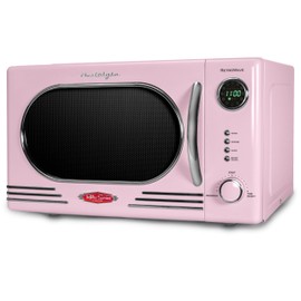 Nostalgia NRMO11PK6A 1000 Watt Power Retro Countertop Microwave Oven Easy to Clean with Removable Glass Turntable-Child Safety Lock-12 Programs-Digital Clock, 1.1 Cu Ft, Pink