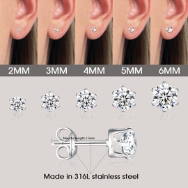 jagosen Sterling Silver Plated Stud Earrings For Women Men 10 Pairs Cubic Zirconia Hypoallergenic Cartilage Ball Sleeper Earrings Studs Set For Multiple Piercings Jewellery 2/3/4/5/6mm