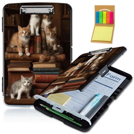 WZCJDHMJ Clipboard with Storage,Pen Holder,Heavy Duty Clipboard Storage Box with Clips for Coaches Folder Case,School Office Supplies-Bookshelf Cat