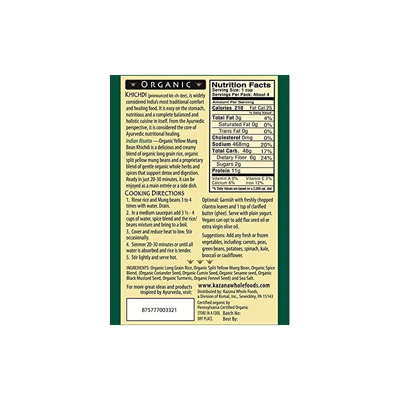 Kazana, Indian Risotto, Khichadi - USDA Certifiied Organic 7oz (198g)
