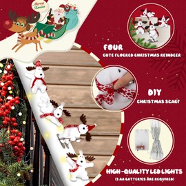 QEQEKAKA Reindeer Christmas Staircase Decorations Set Banister Christmas Decorations with 4PCS Skiing Reindeer & Artificial Snow & LED Lamp Belt, for Home Interior Christmas Stairs Decorations