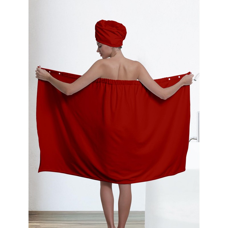 Women's Bath Towel Wrap Set with Hair Turban, Red, Microfiber,