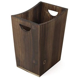 BTY Trash Can Wastebasket Torched Wood Waste Basket Bin, Rustic Garbage Container Bin for Kitchen, Bedroom, Office, Living Room Brown