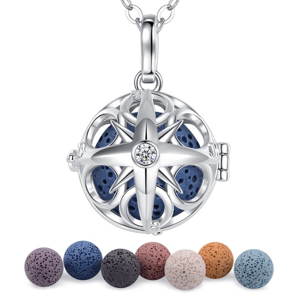 CELESTIA Aromatherapy Essential Oils Diffuser Chain Women's Relaxation Jewellery Meditation, Silver-Plated Locket Pendant with 7 Volcanic Rocks, Silver, Cubic Zirconia